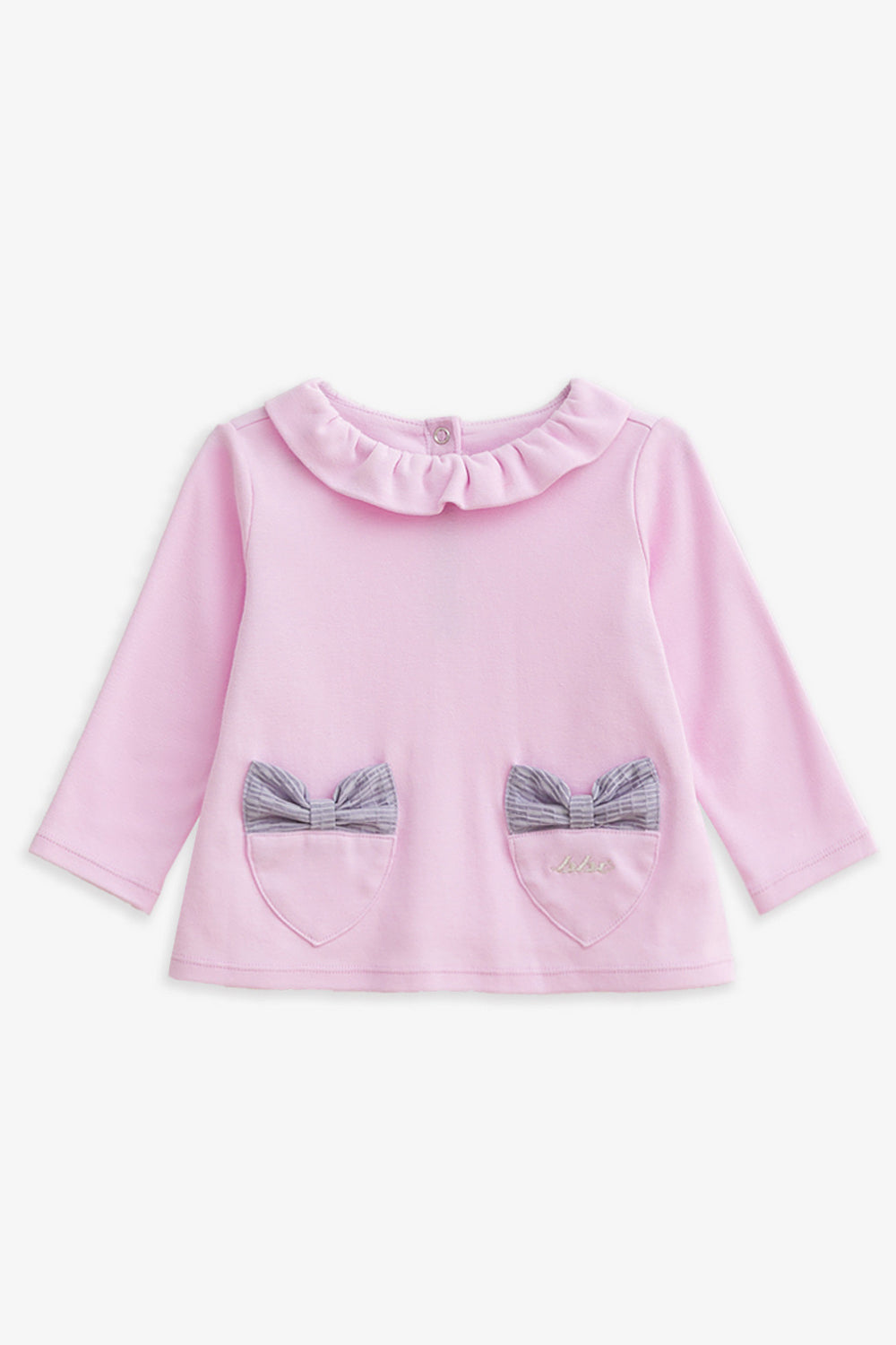 【予約商品】Mainコレクション:Love Note フリルカラー ハートポケット リボン オーガニックコットン長袖トップス