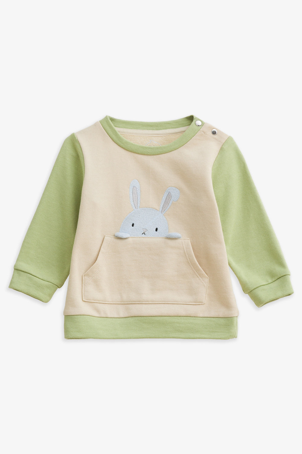 【予約商品】Mainコレクション:Peek-A-Boo ウサギ刺繍 ビッグポケット ショルダーボタン長袖トップス