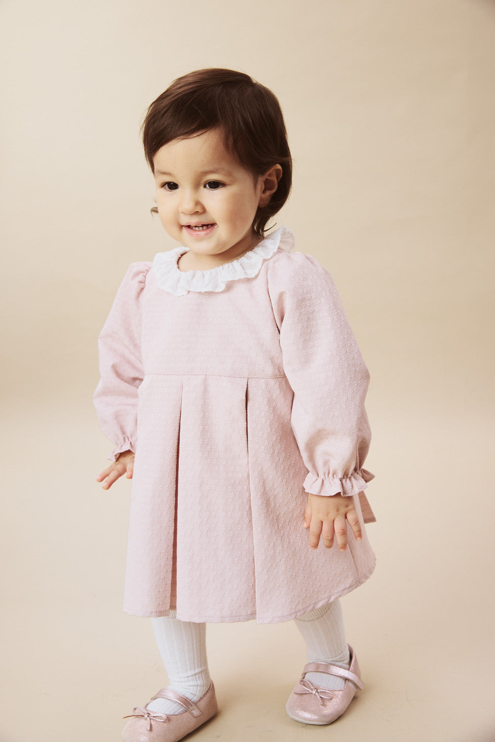 【予約商品】Luxuryコレクション:Rosalie リボン柄ジャカード フリルカラー ボックスプリーツ ドレスロンパース