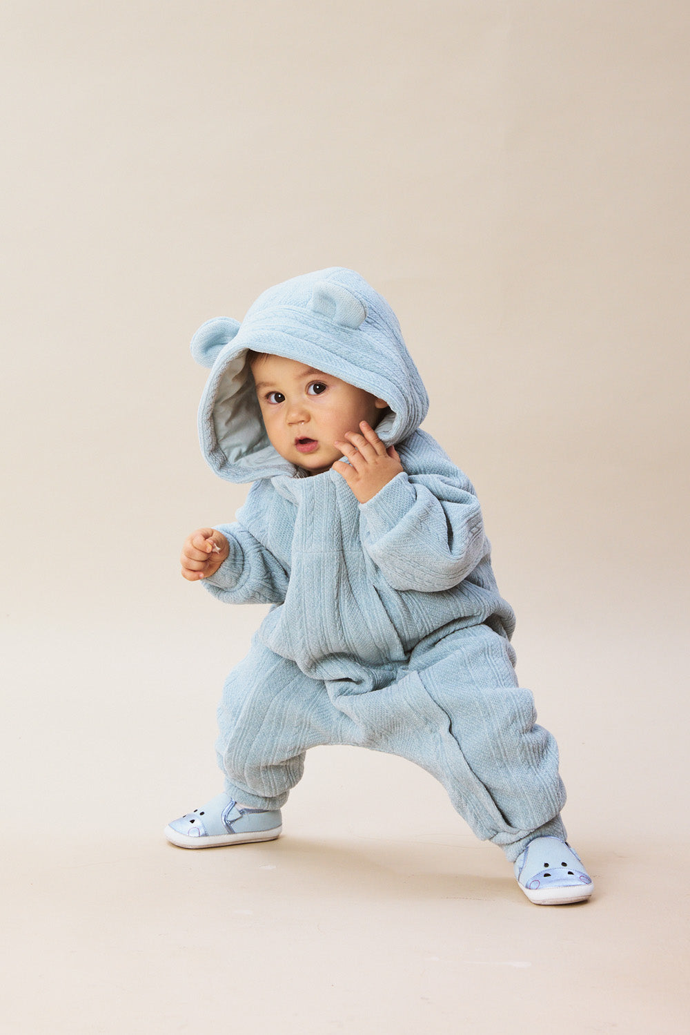 【予約商品】Luxuryコレクション:Bear Hug クマの耳 フーデッド ダブルジップ長袖カバーオール