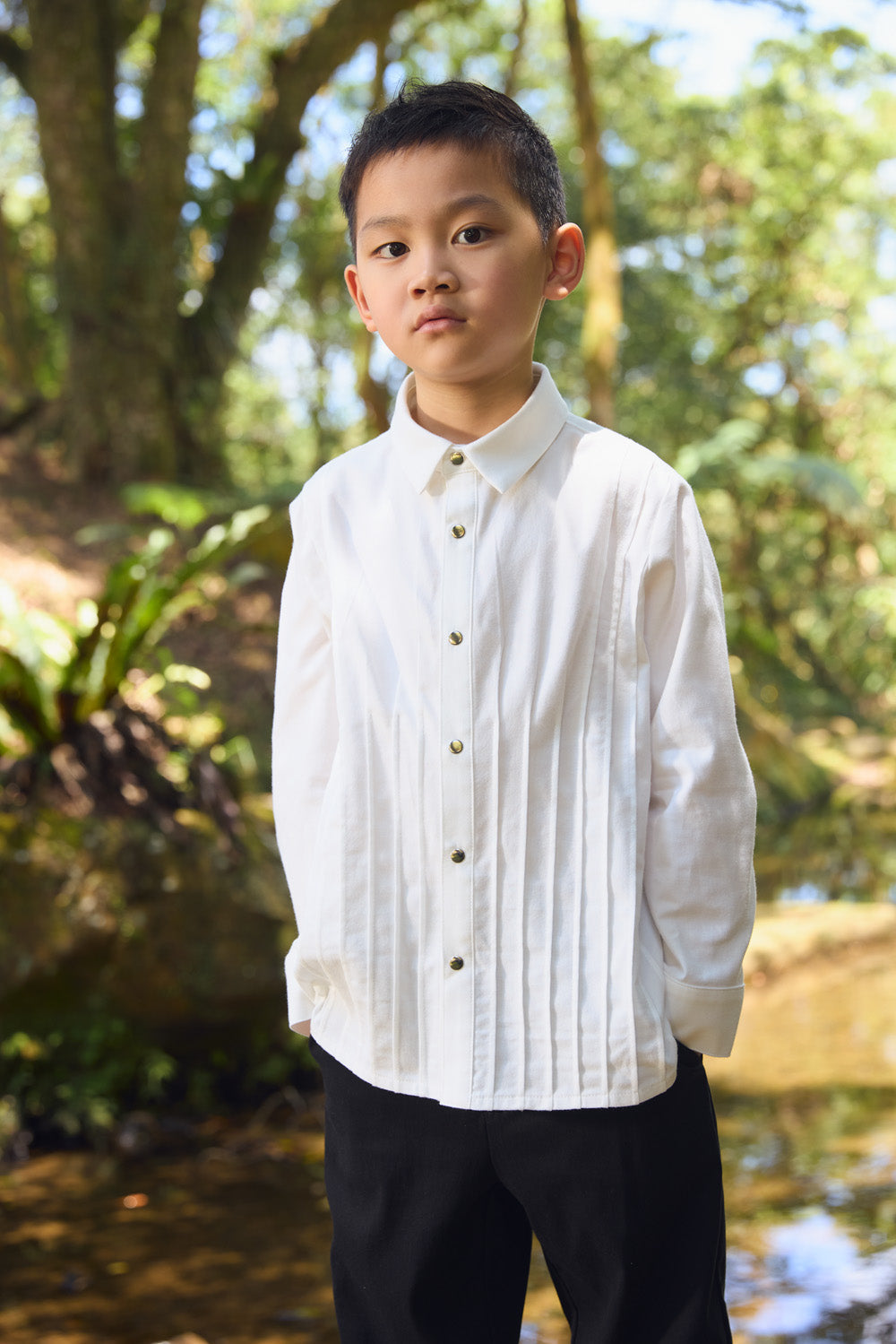 【予約商品】Mainコレクション:Little Poet ピンタック オーガニックコットン長袖シャツ